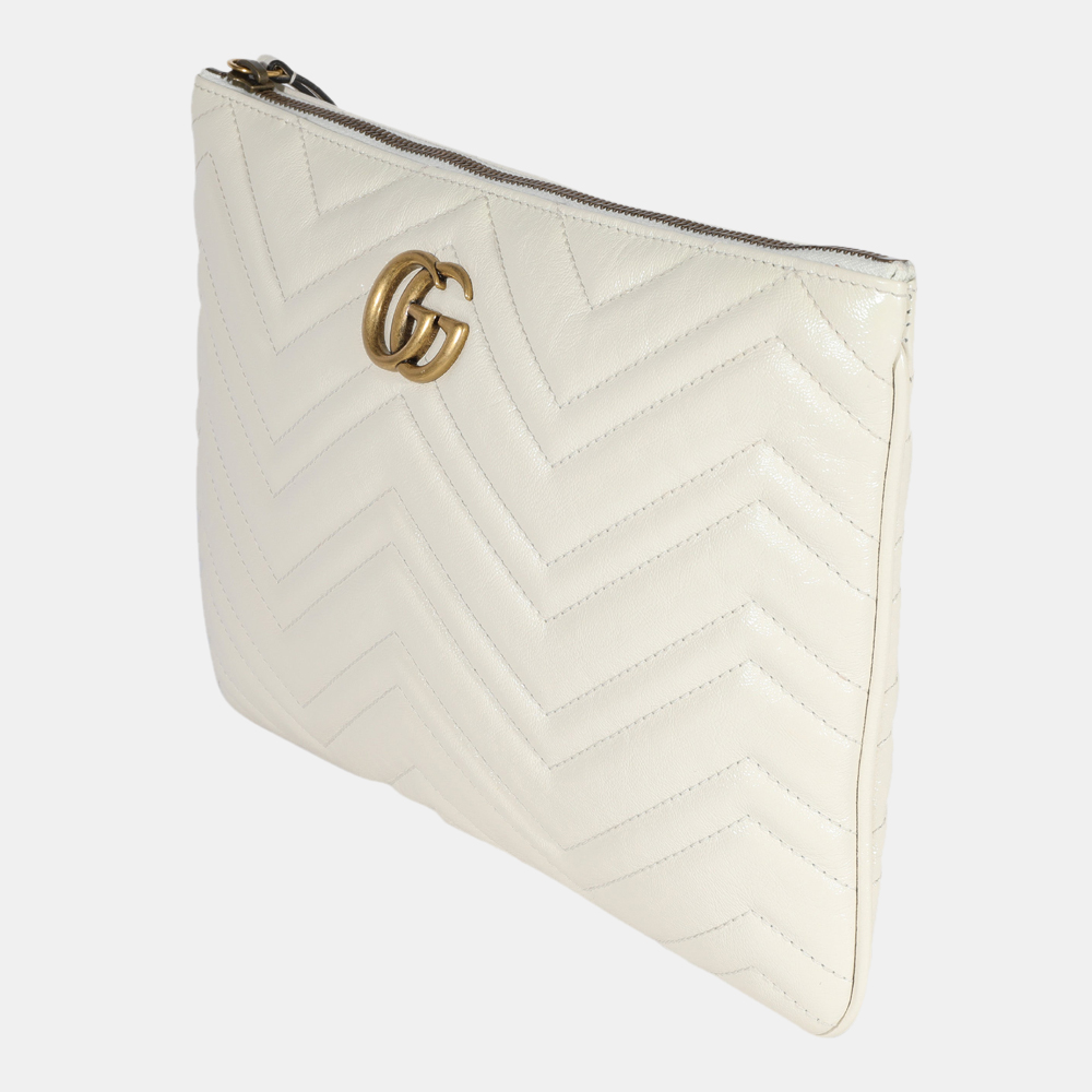 

Gucci White Matelasse Leather GG Marmont Zip Clutch Bag