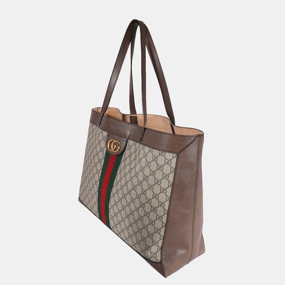 

Gucci Beige/Brown GG Supreme Canvas & Web Ophidia Soft Tote Bag