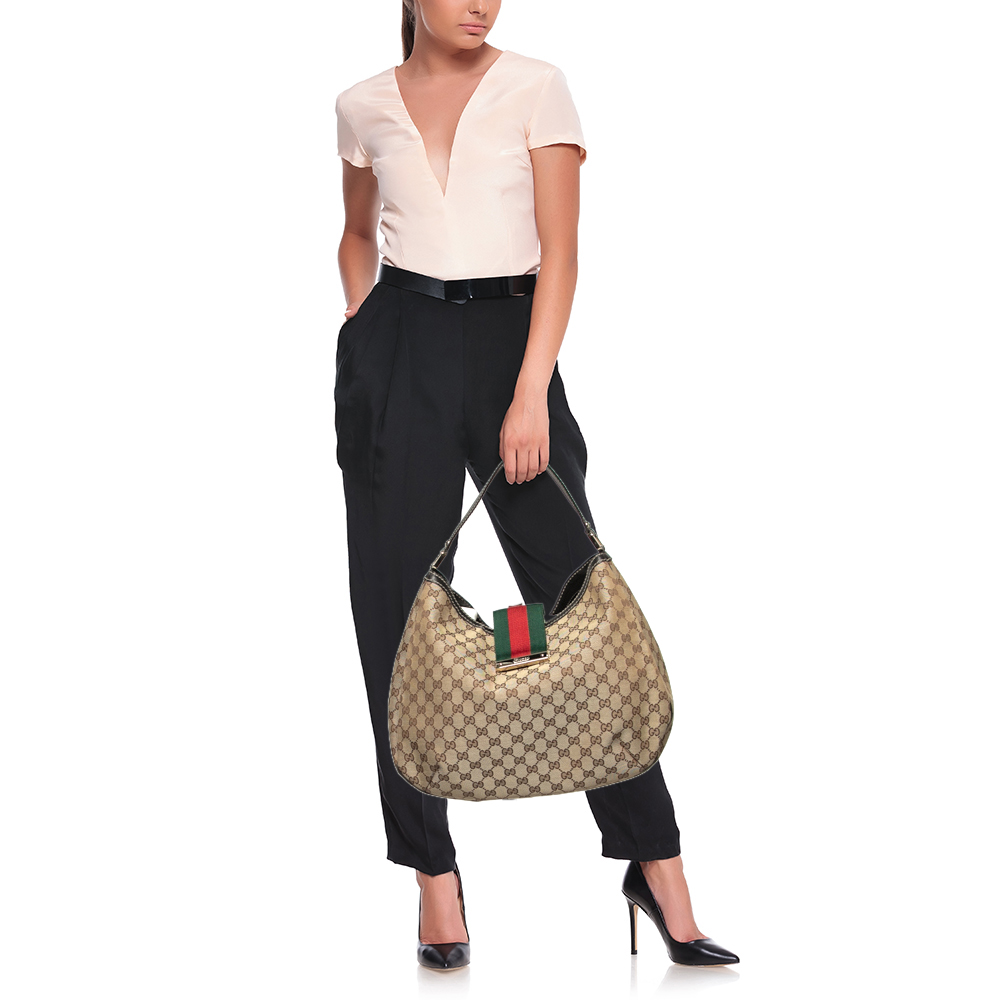 

Gucci Beige/Brown GG Canvas and Leather Large New Ladies Web Hobo