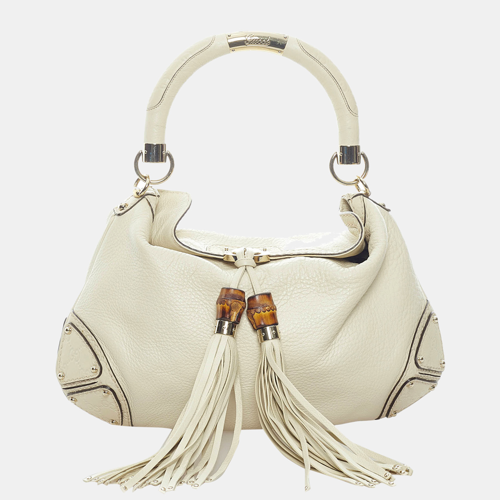 

Gucci White Bamboo Indy Leather Satchel