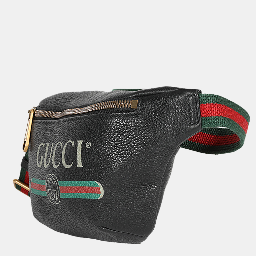 

Gucci Black Grained Calfskin Leather Logo Print Small Belt Bag