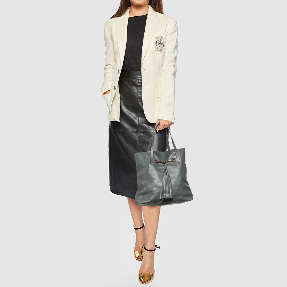 

Gucci Ash Grey Leather Tassel Horsebit Tote