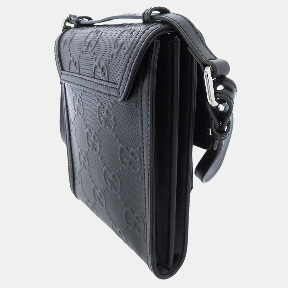 

Gucci Black Leather GG Embossed Messenger Bag