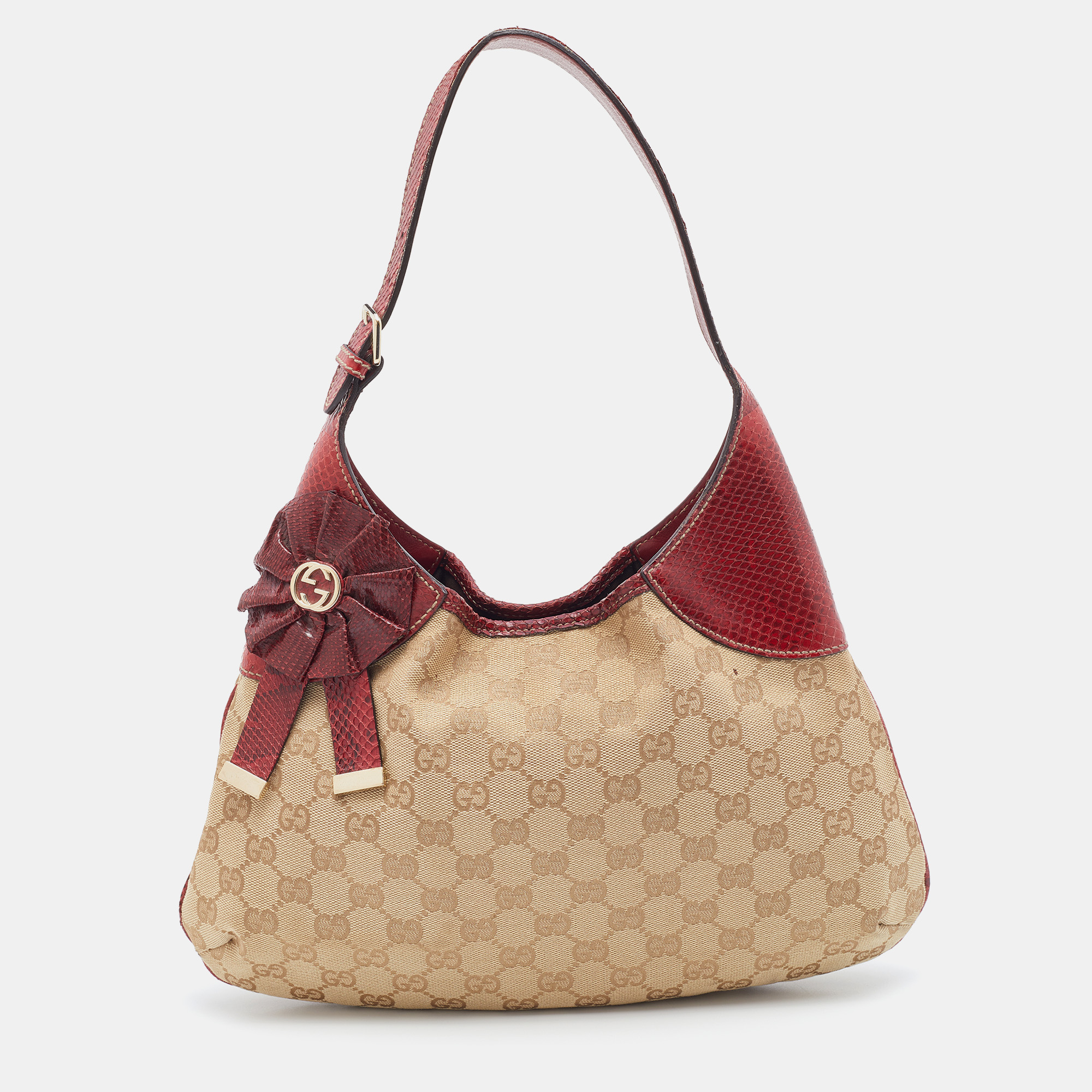 Pre Owned Gucci Beige/Burgundy GG Canvas And Leather Trophy Hobo