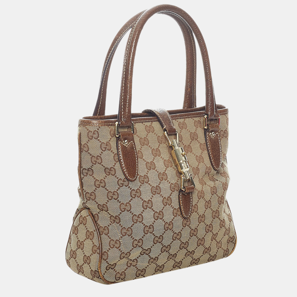 

Gucci Beige/Brown GG Canvas Jackie Piston Lock Tote Bag