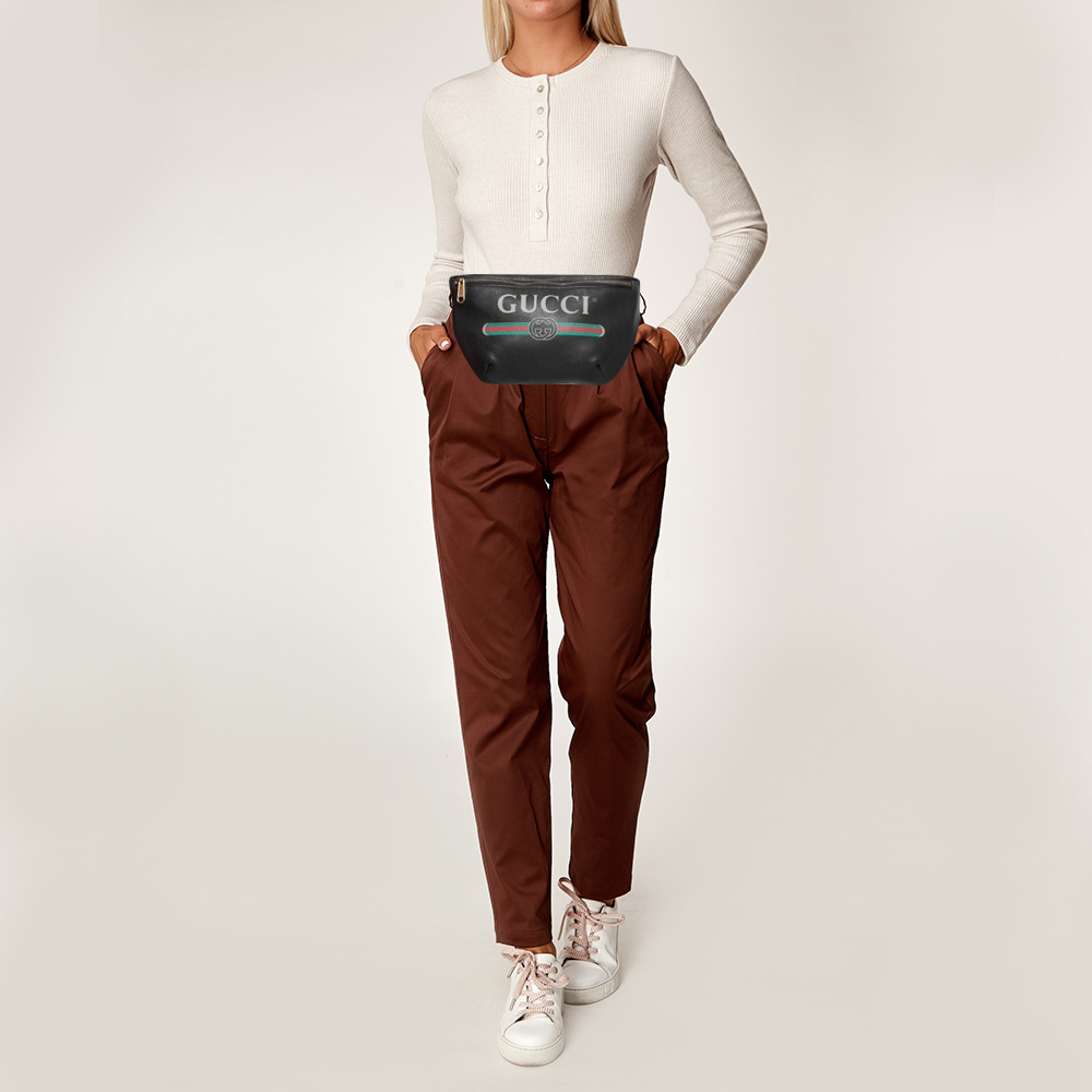 

Gucci Black Pebbled Leather Small Logo Web Belt Bag