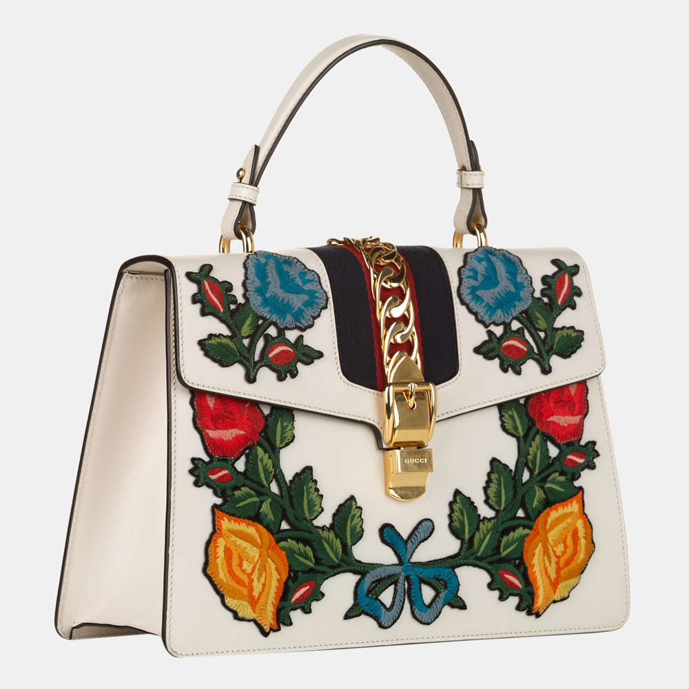 

Gucci Multi Color/White Medium Embroidered Leather Sylvie Satchel, Multicolor