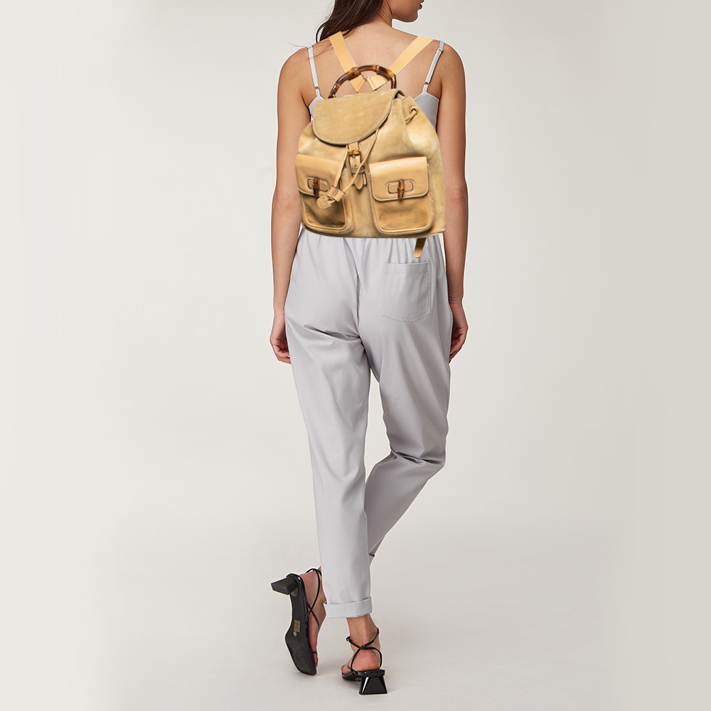 

Gucci Beige Suede and Leather Bamboo Drawstring Backpack