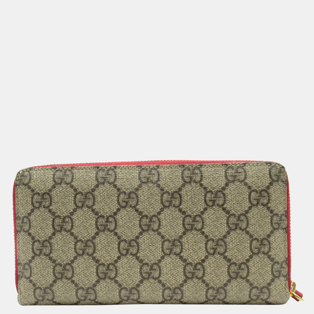 

Gucci Beige Canvas GG Supreme Kingsnake Heart Embroidered Long Wallet