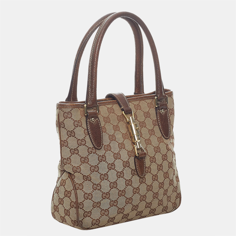 

Gucci Beige/Brown GG Canvas Jackie Piston Lock Tote Bag