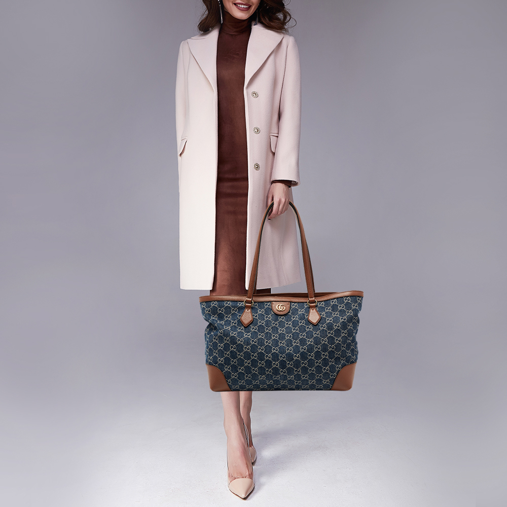 

Gucci Blue/Brown GG Denim And Leather Medium Ophidia Tote