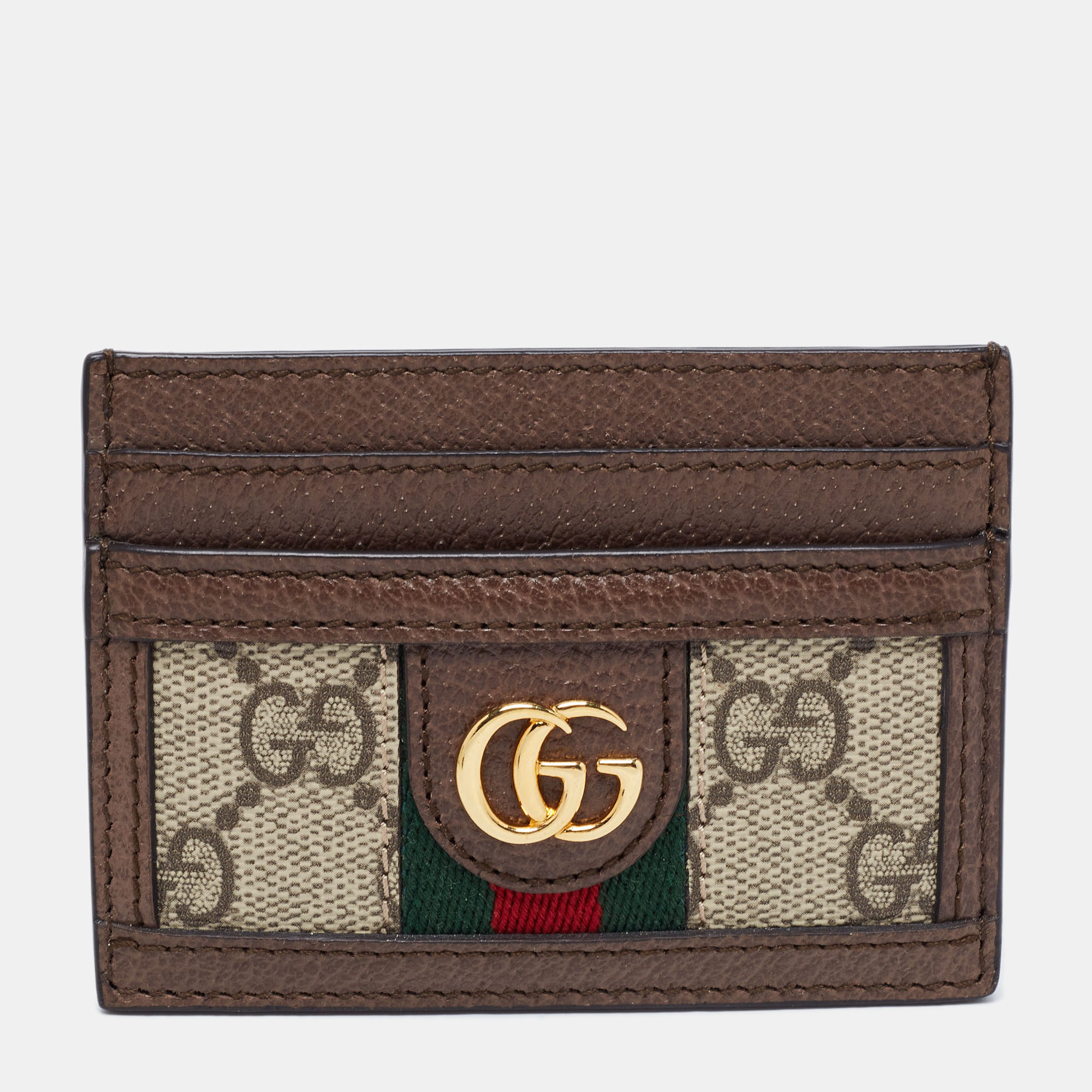 Pre Owned Gucci Beige/Brown GG Supreme Canvas And Leather Ophidia Card Case
