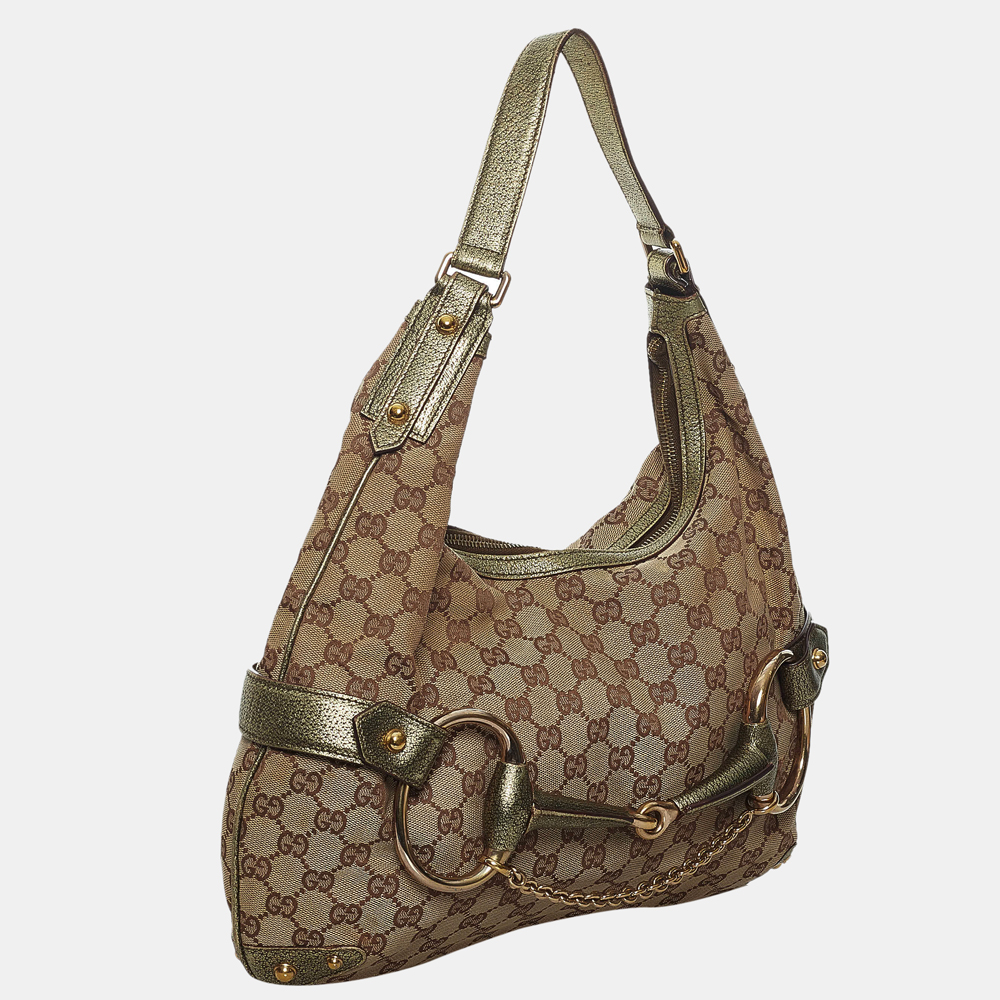 

Gucci Beige/Brown/Green GG Canvas Horsebit Shoulder Bag