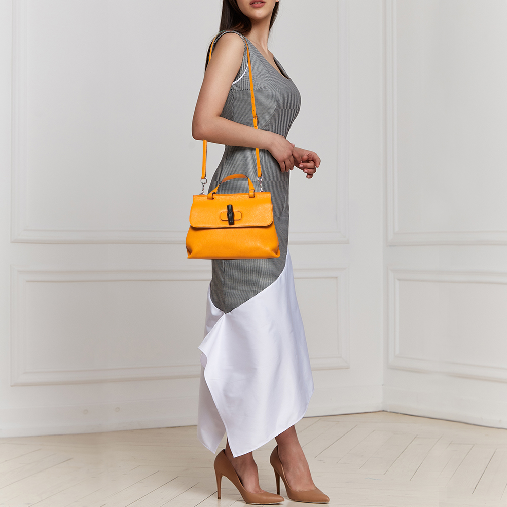 

Gucci Tangerine Leather Small Bamboo Daily Top Handle Bag, Orange