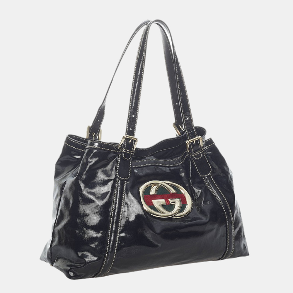 

Gucci Black Patent Leather Interlocking GG Britt Tote Bag