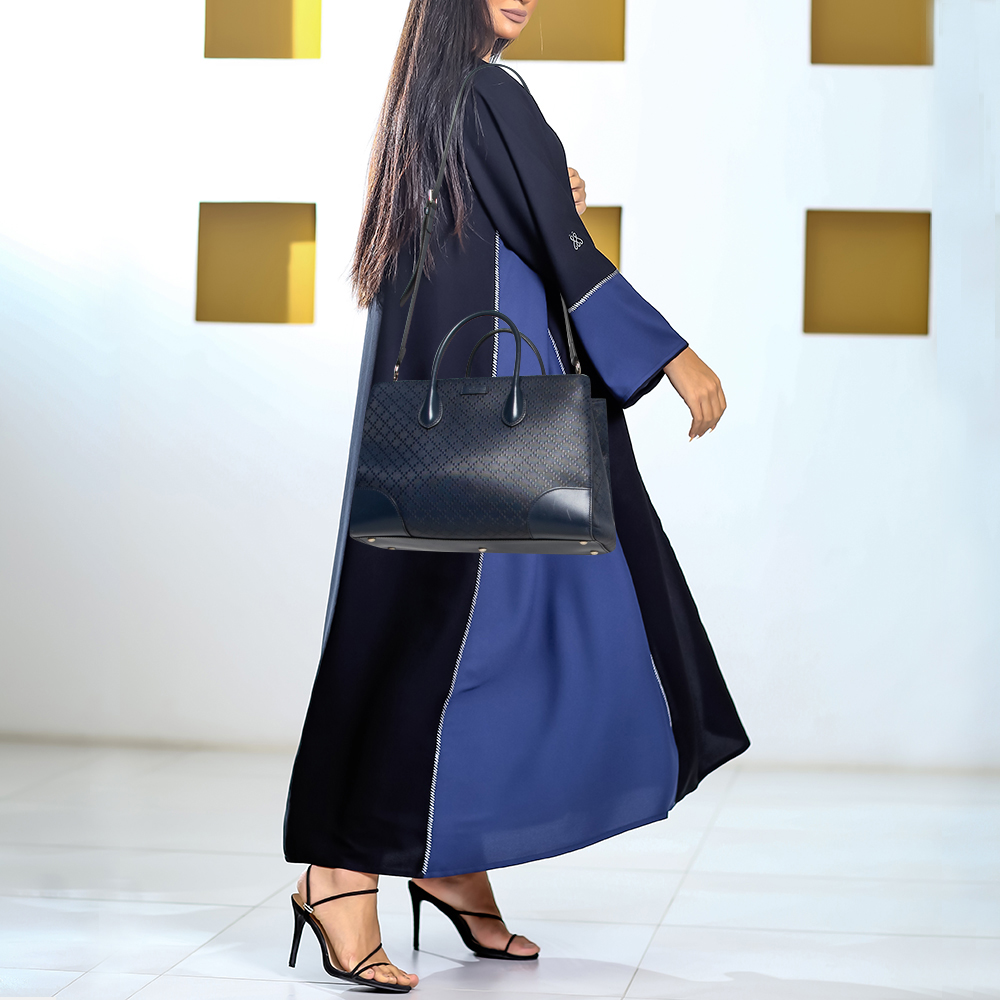 

Gucci Navy Blue Diamante Leather Top Zip Shopper Tote