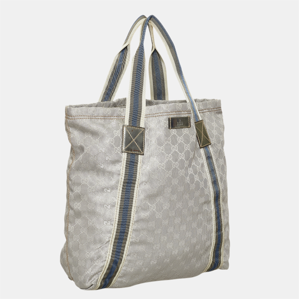

Gucci Grey/Multi Color GG Canvas Web Tote Bag