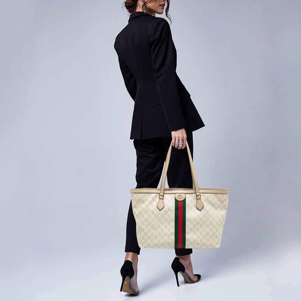 

Gucci Beige GG Supeme Canvas and Leather Medium Ophidia Tote