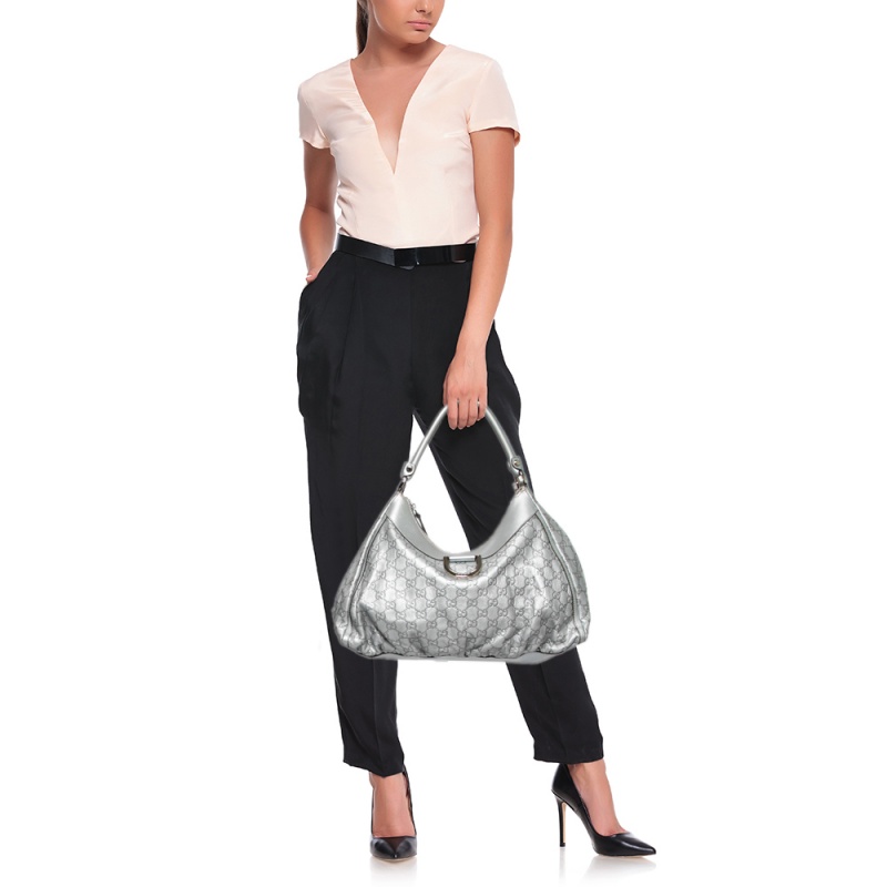 

Gucci Metallic Silver Guccissima Leather D-Ring Large Hobo