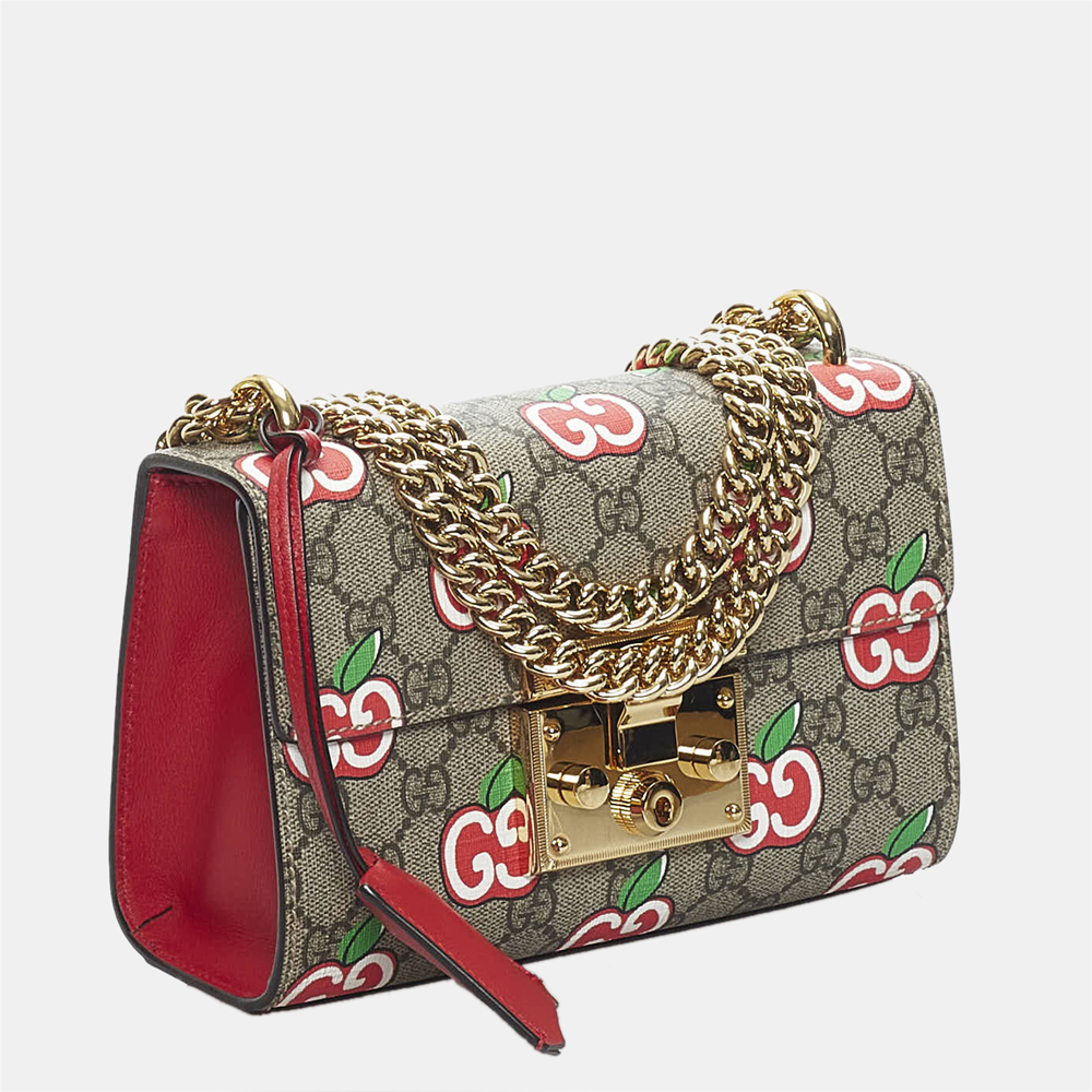

Gucci Brown/Red GG Supreme Apple Padlock Shoulder Bag