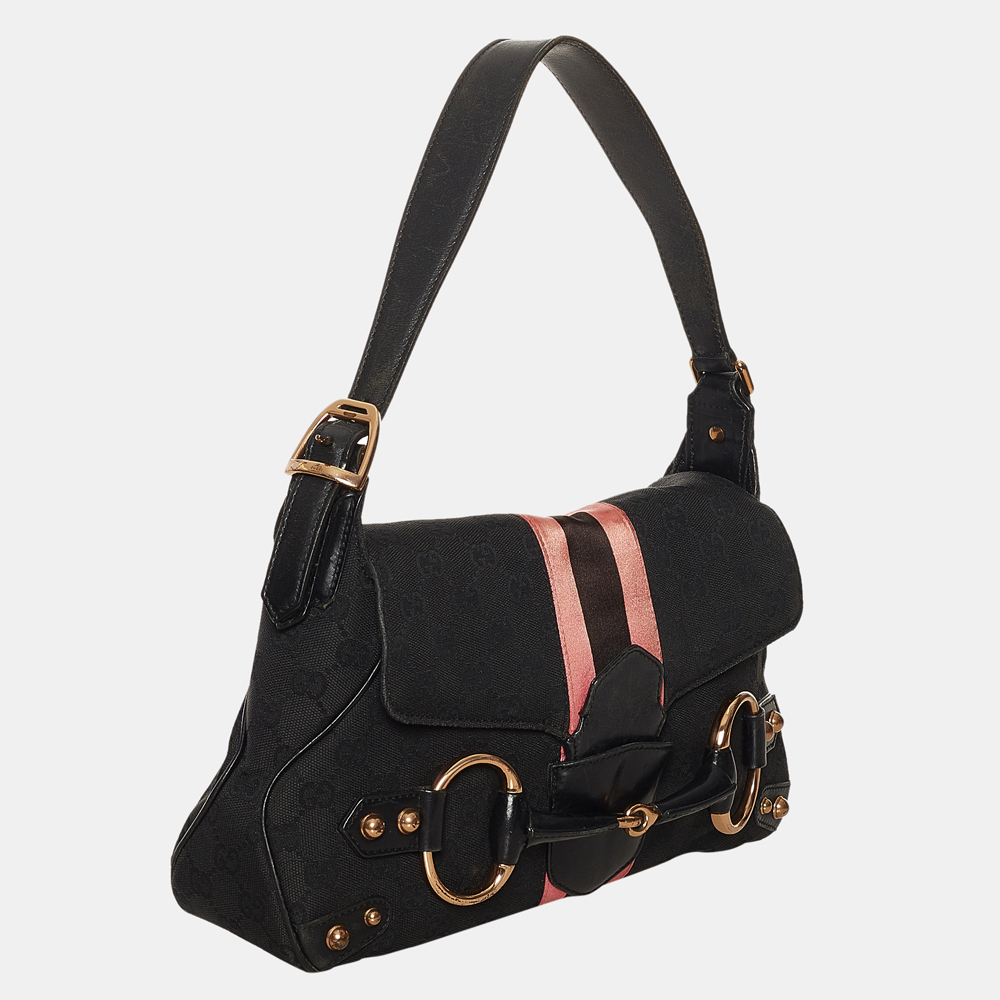

Gucci Black Gg Canvas Horsebit Web Shoulder Bag