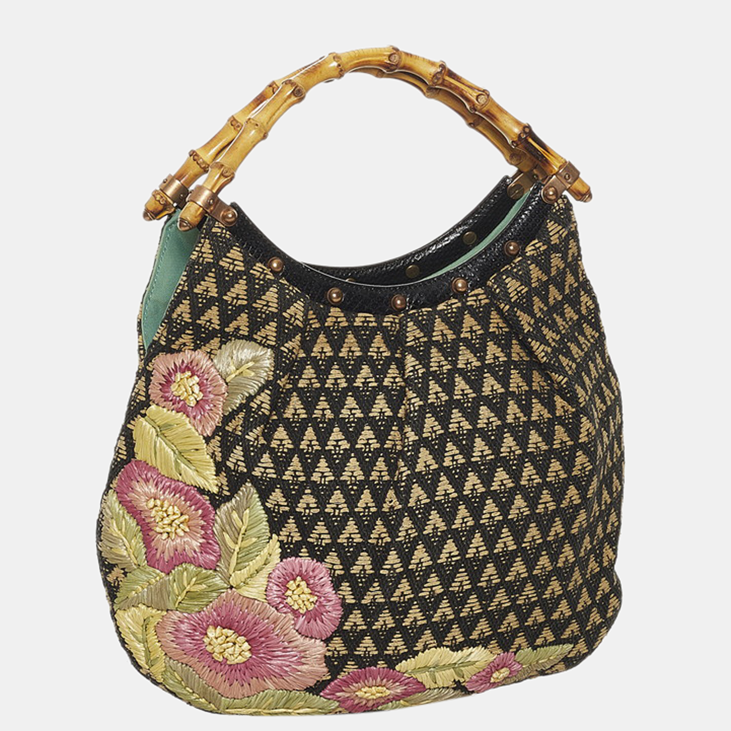 

Gucci Multicolor Canvas Raffia Flowers Bamboo Limited Edition Hobo Bag