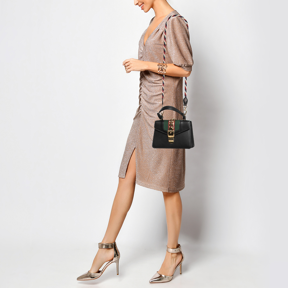 

Gucci Black Leather Mini Web Chain Sylvie Top Handle Bag