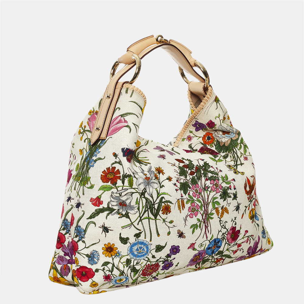 

Gucci White Flora Horsebit Hobo Canvas Handbag