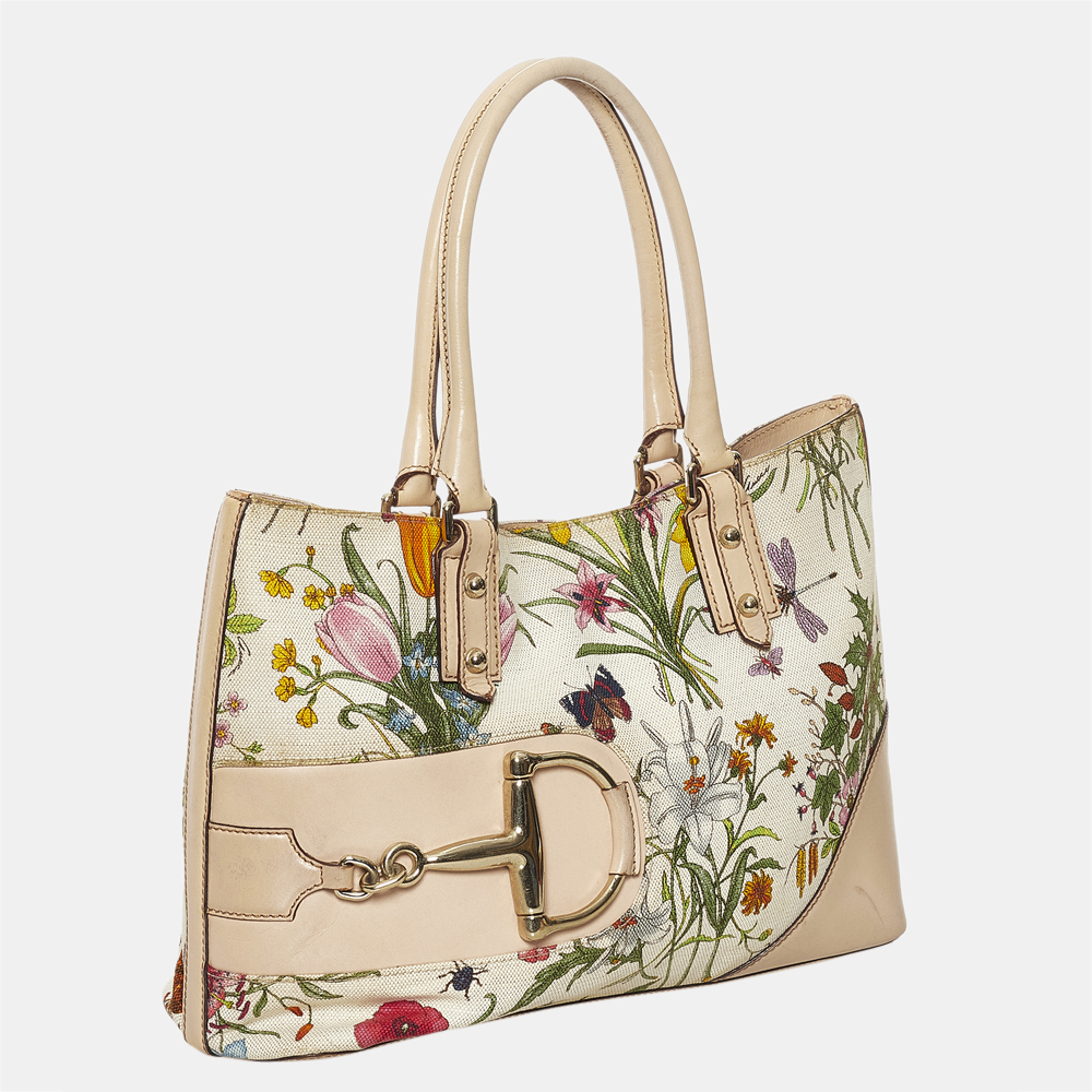 

Gucci White Flora Horsebit Canvas Tote Bag