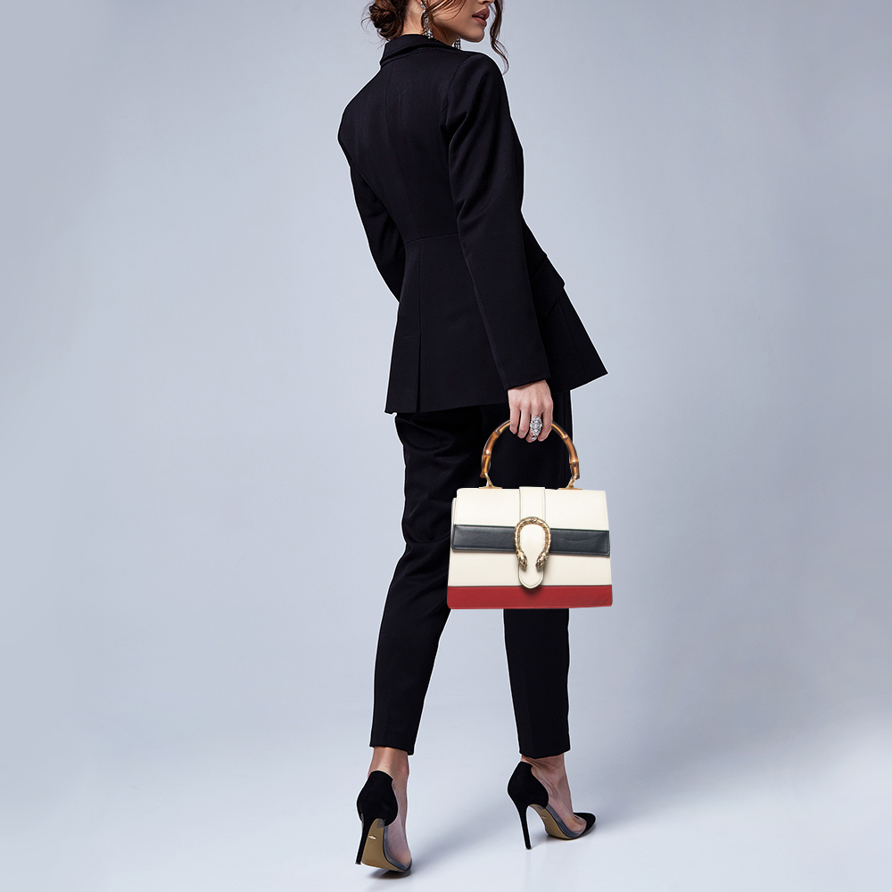 

Gucci Off White Striped Leather Dionysus Medium Top Handle Bag