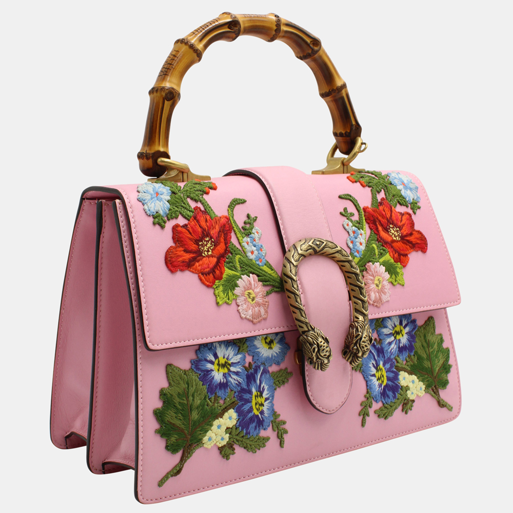 

Gucci Pink Calfskin Leather Floral-Embroidered Small Dionysus Bamboo Handle Bag