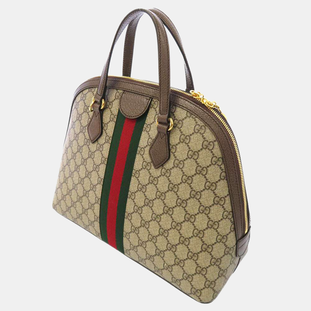 

Gucci Beige/Brown GG Supreme Canvas Leather Web Ophidia Top Handle Bag
