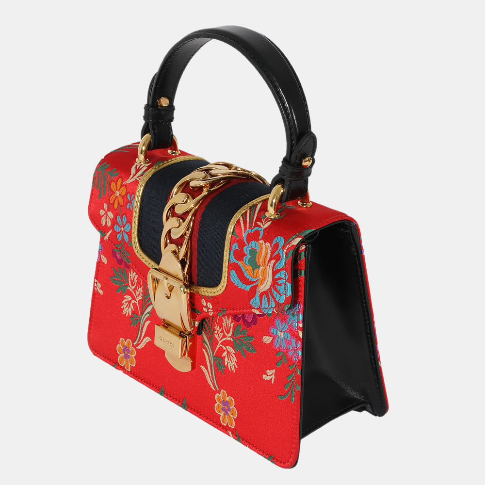 

Gucci Red Satin and Jacquard Floral Embroidered Mini Sylvie Shoulder Bag