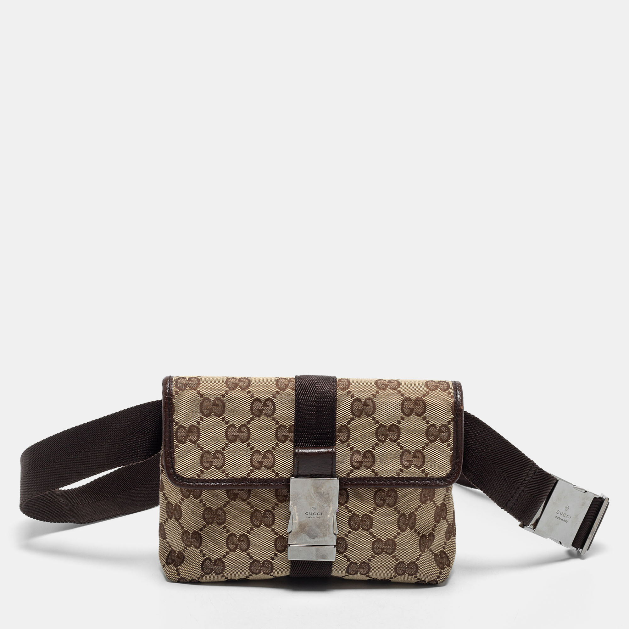 Pre-owned Gucci Beige/brown Gg Canvas Buckle Belt Bag