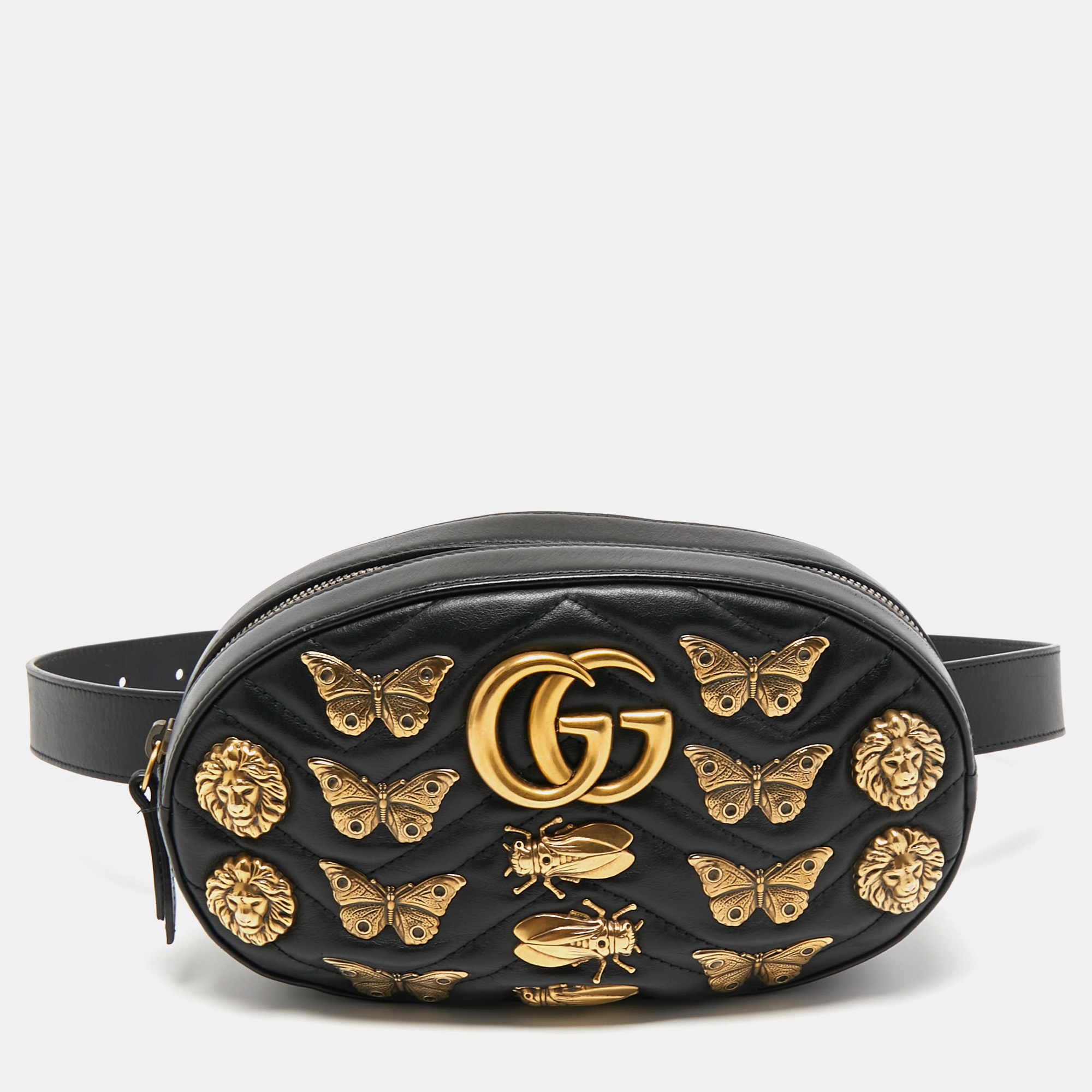 Pre-owned Gucci Black Matelass&eacute; Leather Gg Marmont Animal Stud Belt Bag