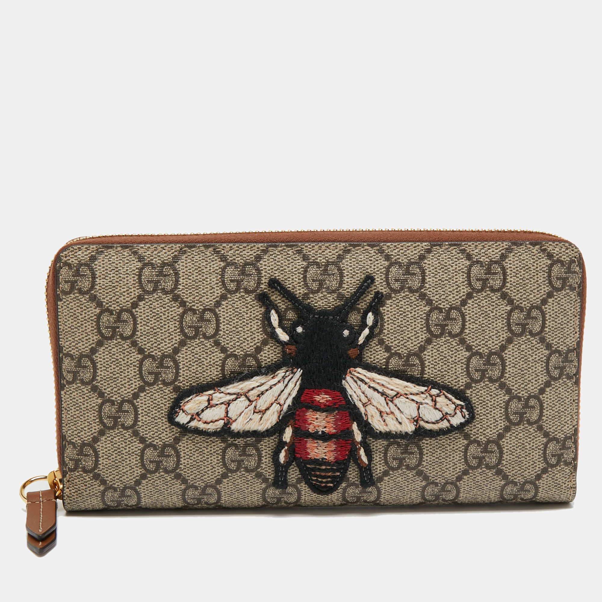 Pre-owned Gucci Beige Bee Printed Gg Sumpreme Canvas Zip Around Continental Wallet