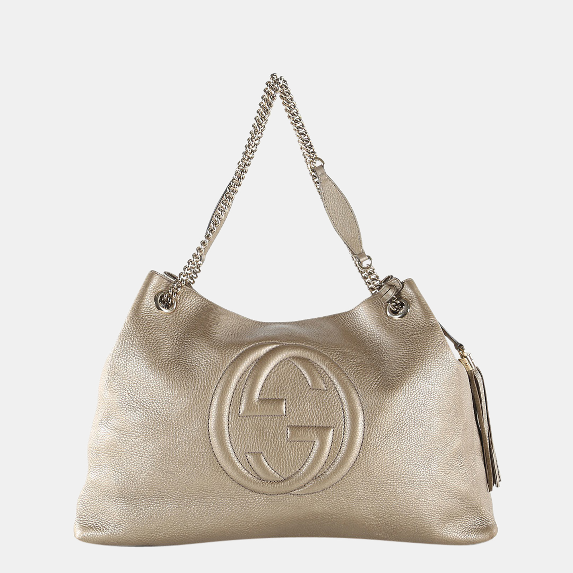 Pre-owned Gucci Bronze Pebbled Calfskin Leather Soho Chain Shoulder Bag In Metallic
