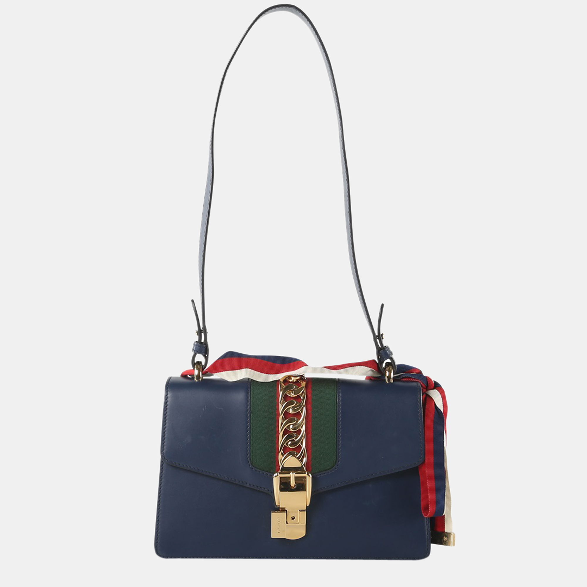 Pre-owned Gucci Navy Leather Mini Web Chain Sylvie Top Handle Bag In Blue