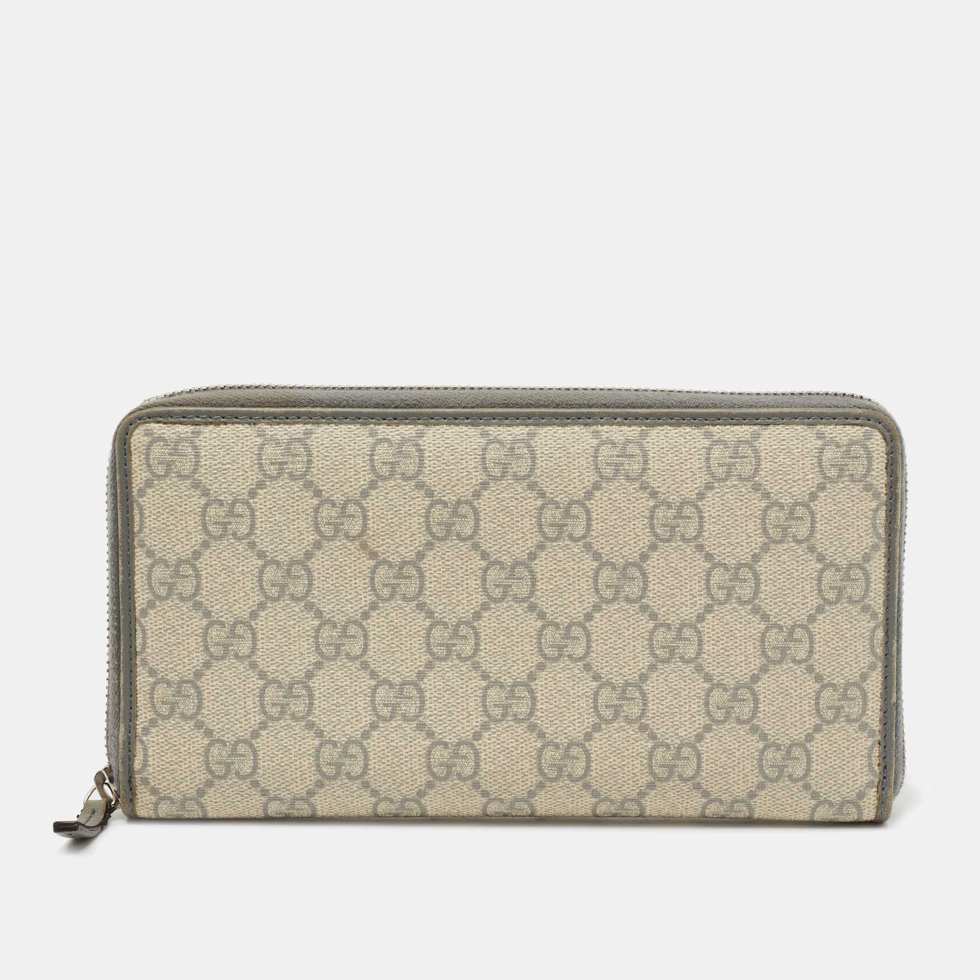Pre-owned Gucci Beige Gg Supreme Canvas And Leather Zip Around Long Wallet