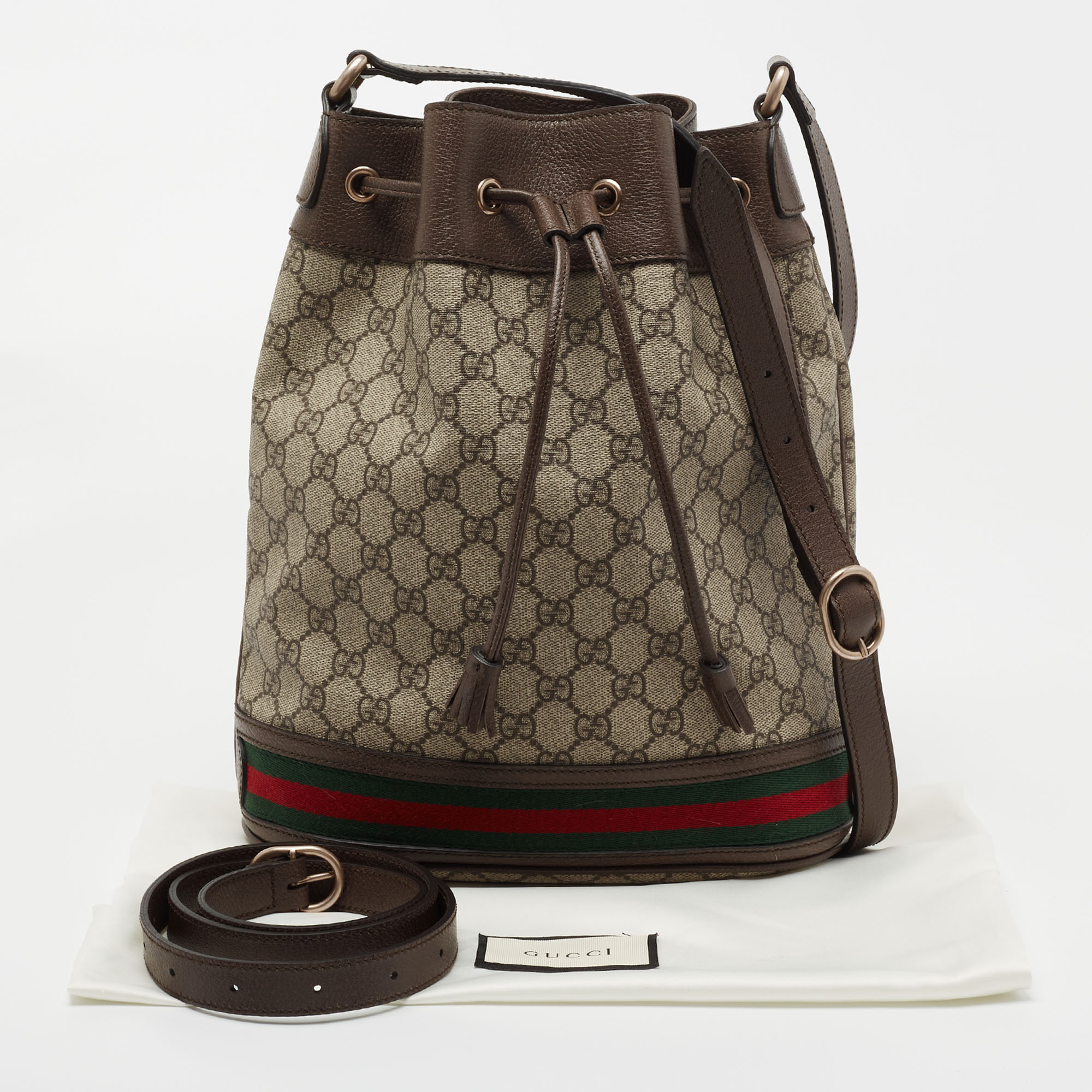 Gucci Beige Brown GG Supreme Canvas and Leather Ophidia Bucket Bag