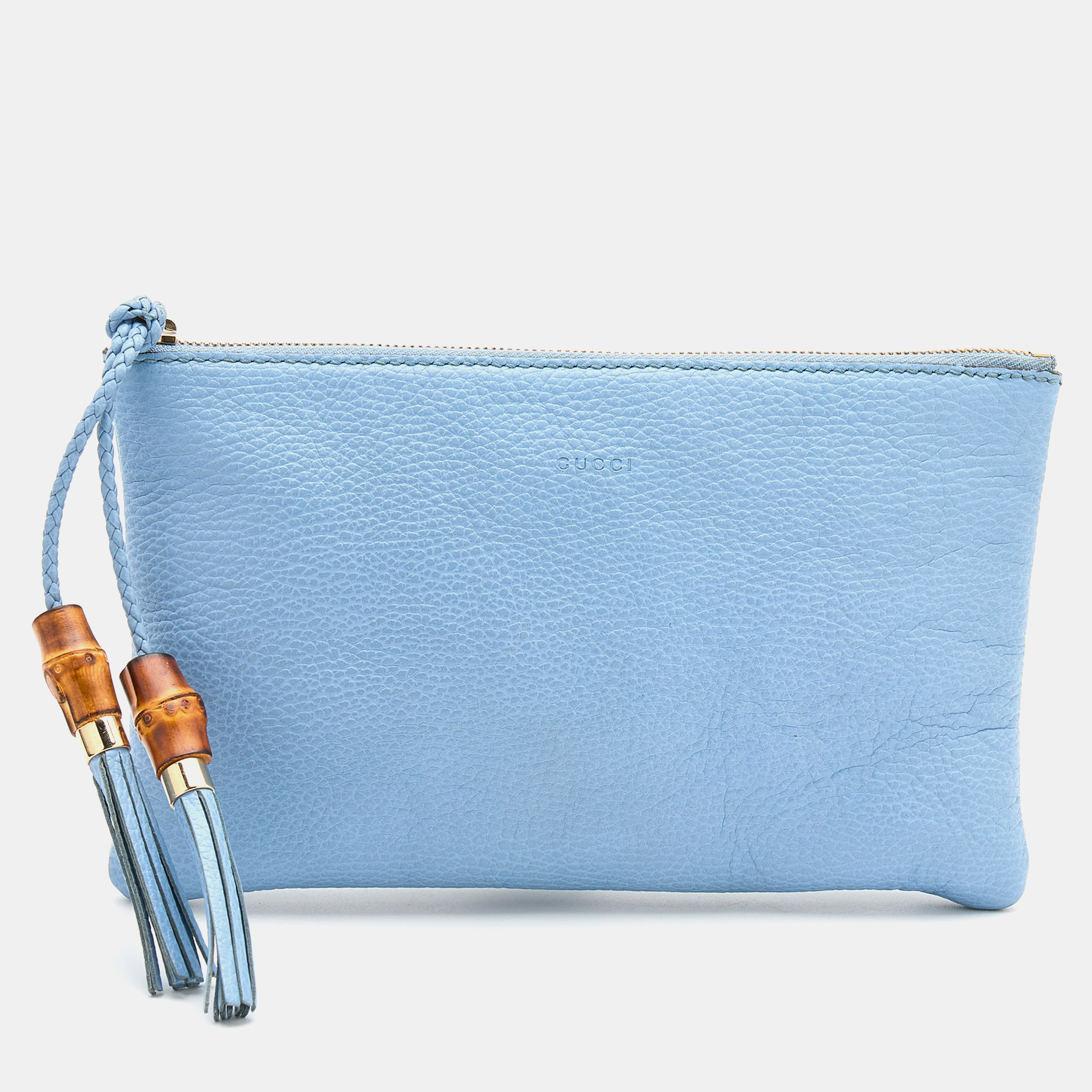 Pre-owned Gucci Light Blue Leather Bamboo Tassel Clutch