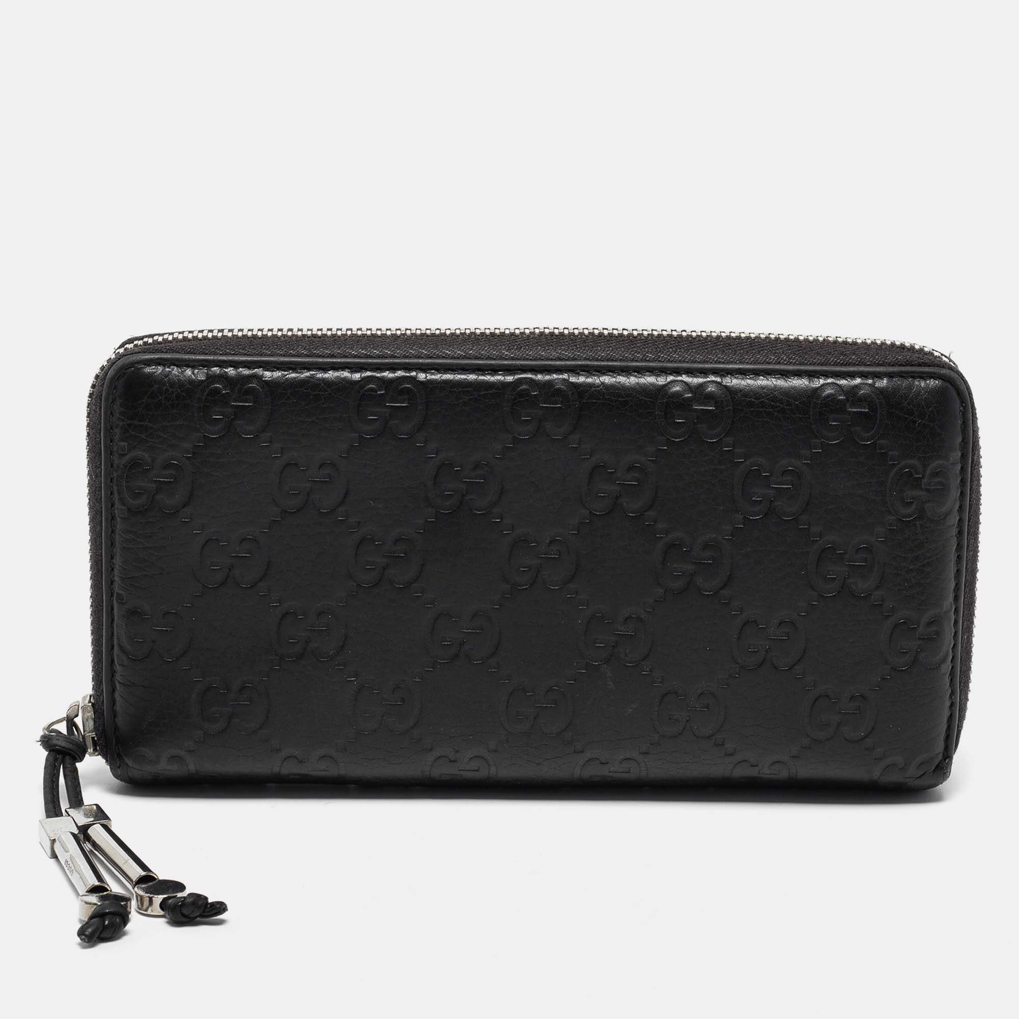 Pre-owned Gucci Ssima Leather Continental Zip Around Wallet In Black