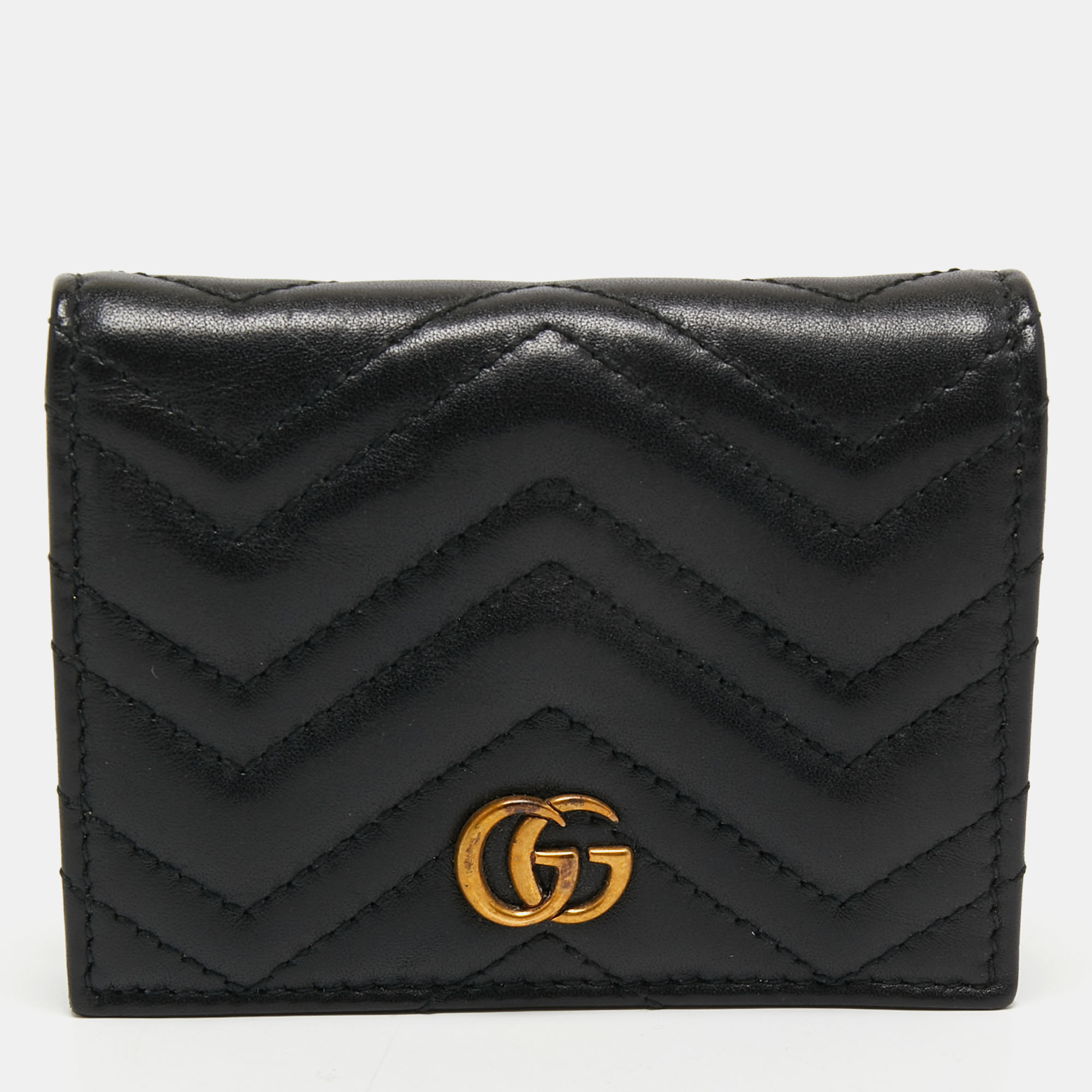 Pre Owned  حافظة بطاقات غوتشي جي جي مارمونت GG جلد ماتيلاس أسود