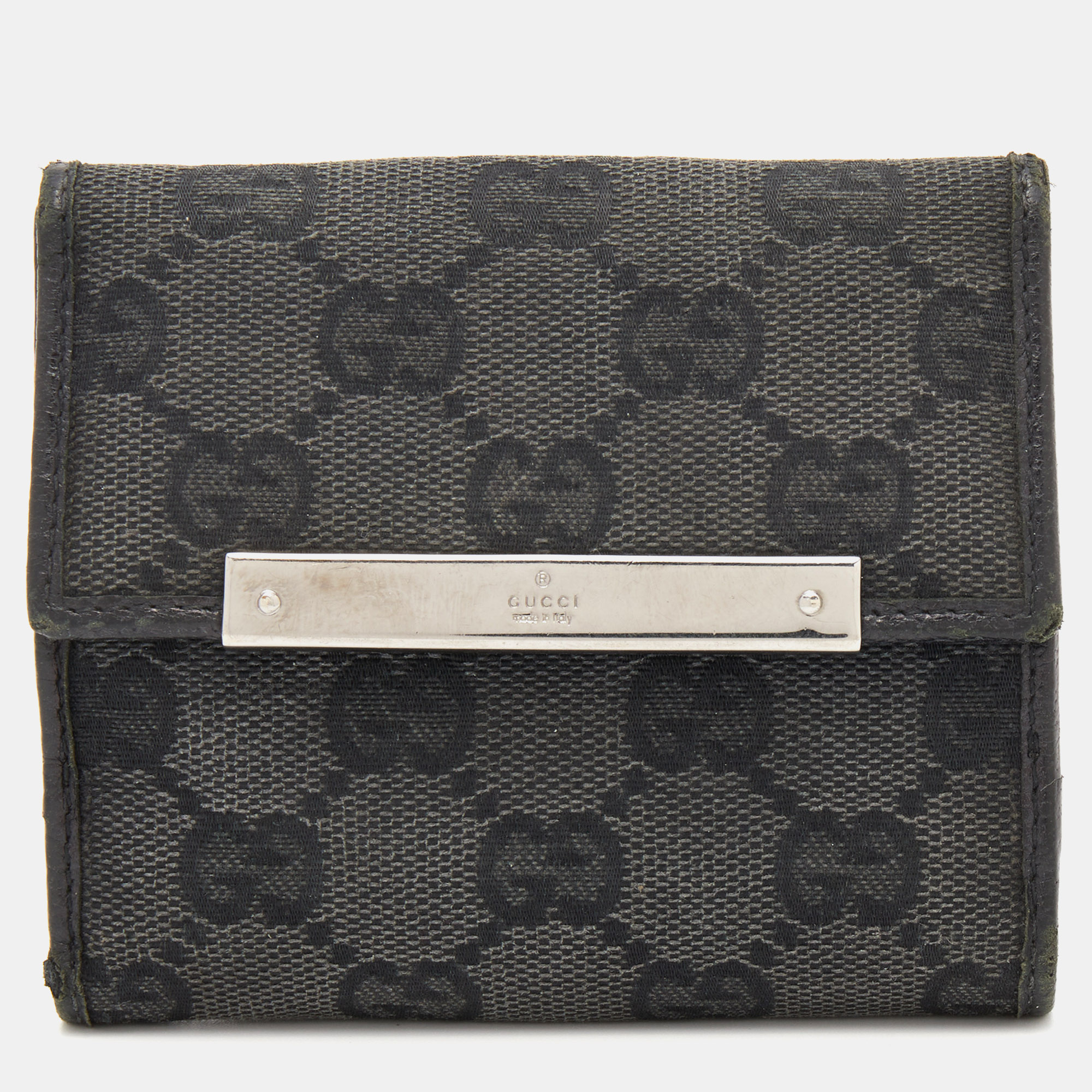 Pre-owned Gucci Black Gg Canvas And Leather Flap Compact Wallet