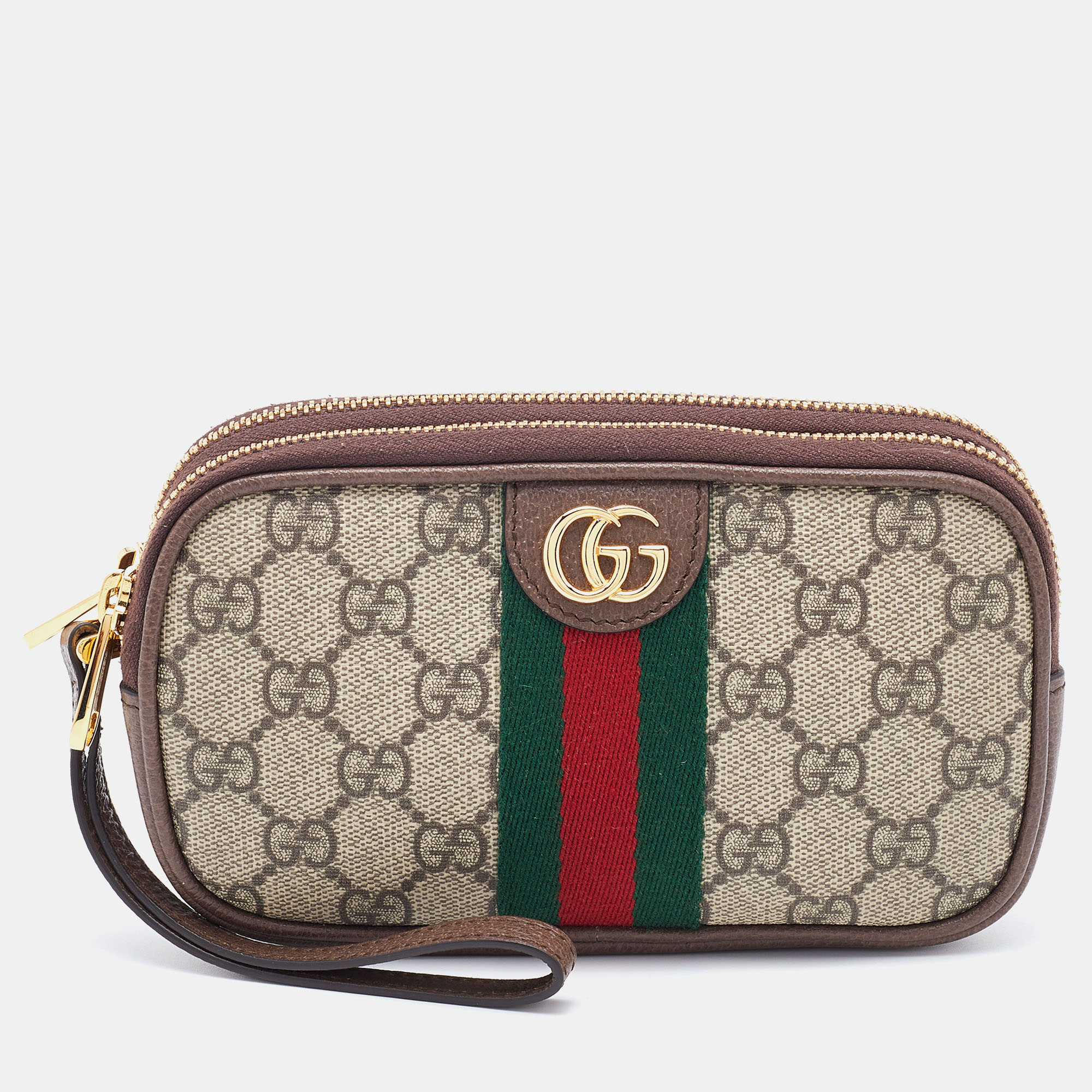 Pre-owned Gucci Beige/brown Gg Supreme Canvas And Leather Ophidia Wristlet