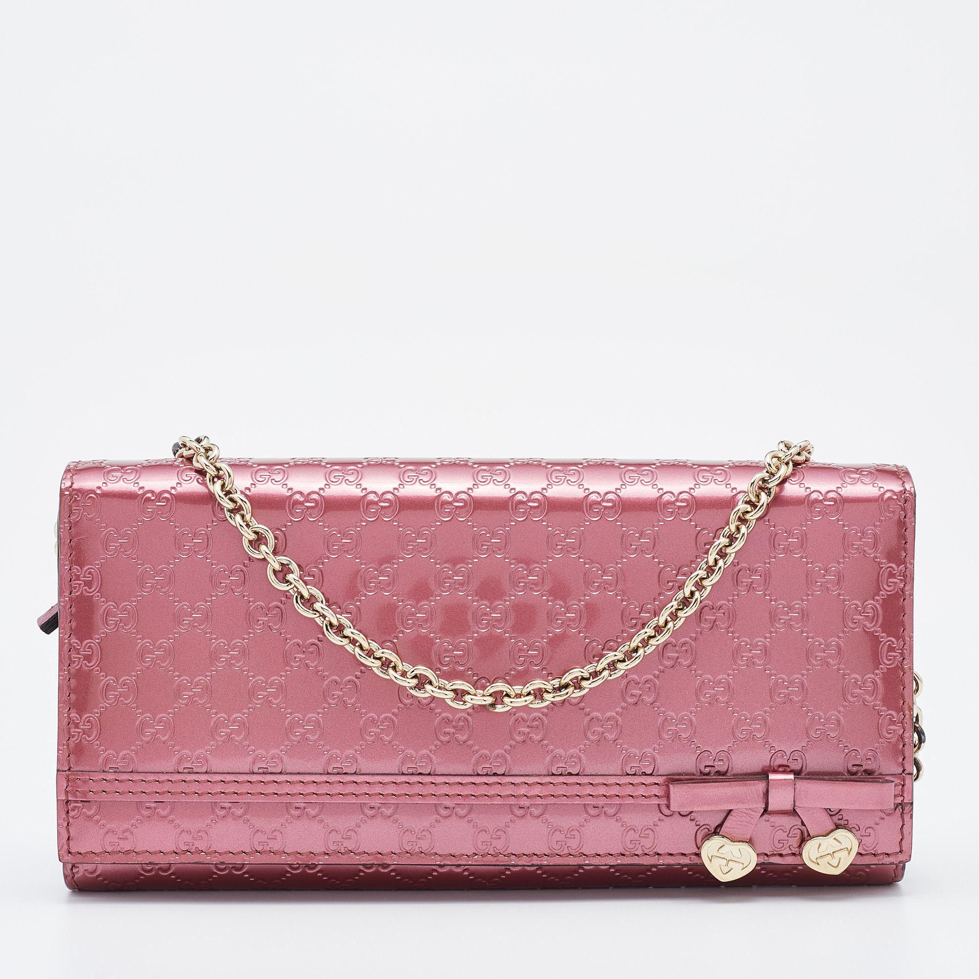 Pre-owned Gucci Pink Microssima Patent Leather Long Wallet On Chain