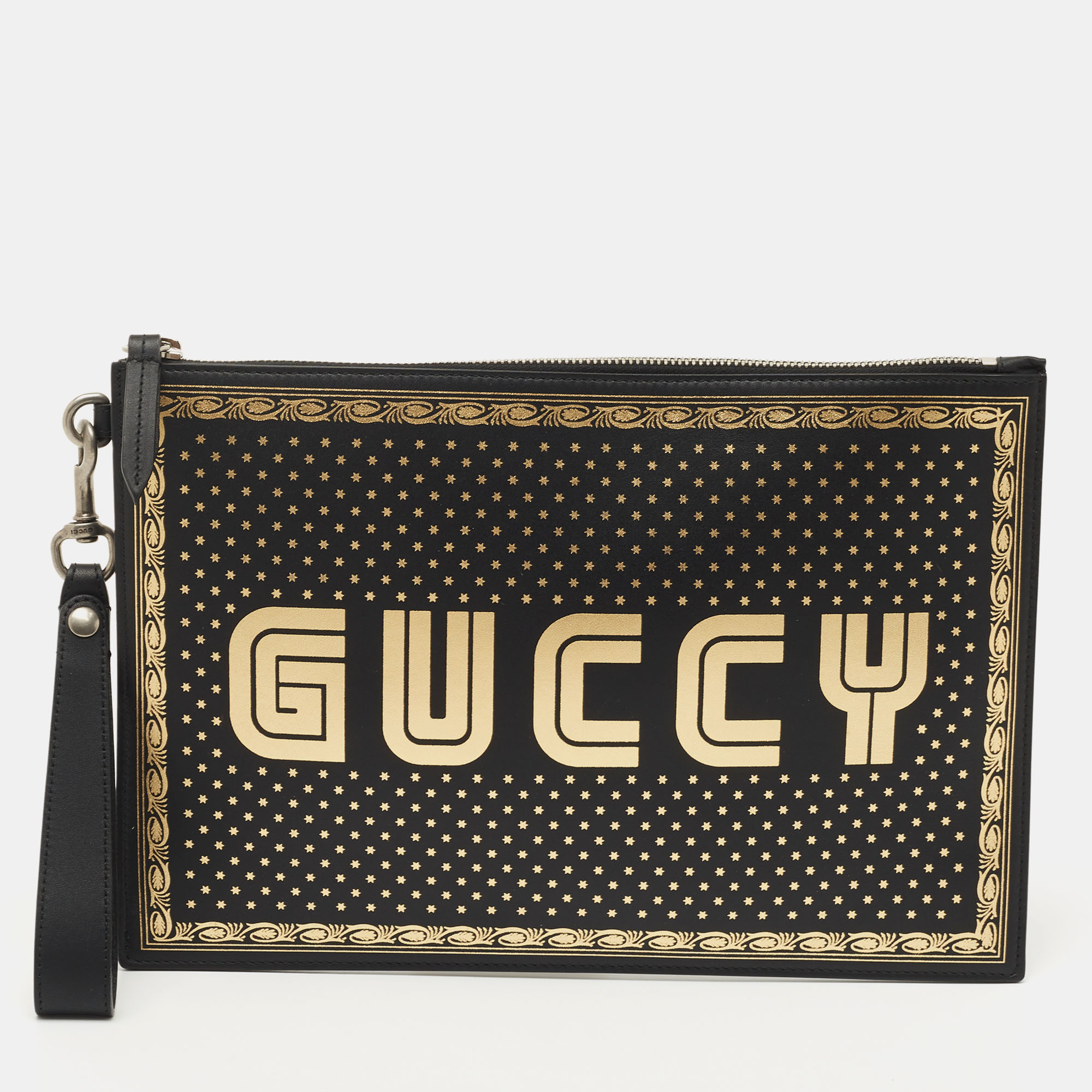 

Gucci Black/Gold Leather Guccy Zip Wristlet Pouch