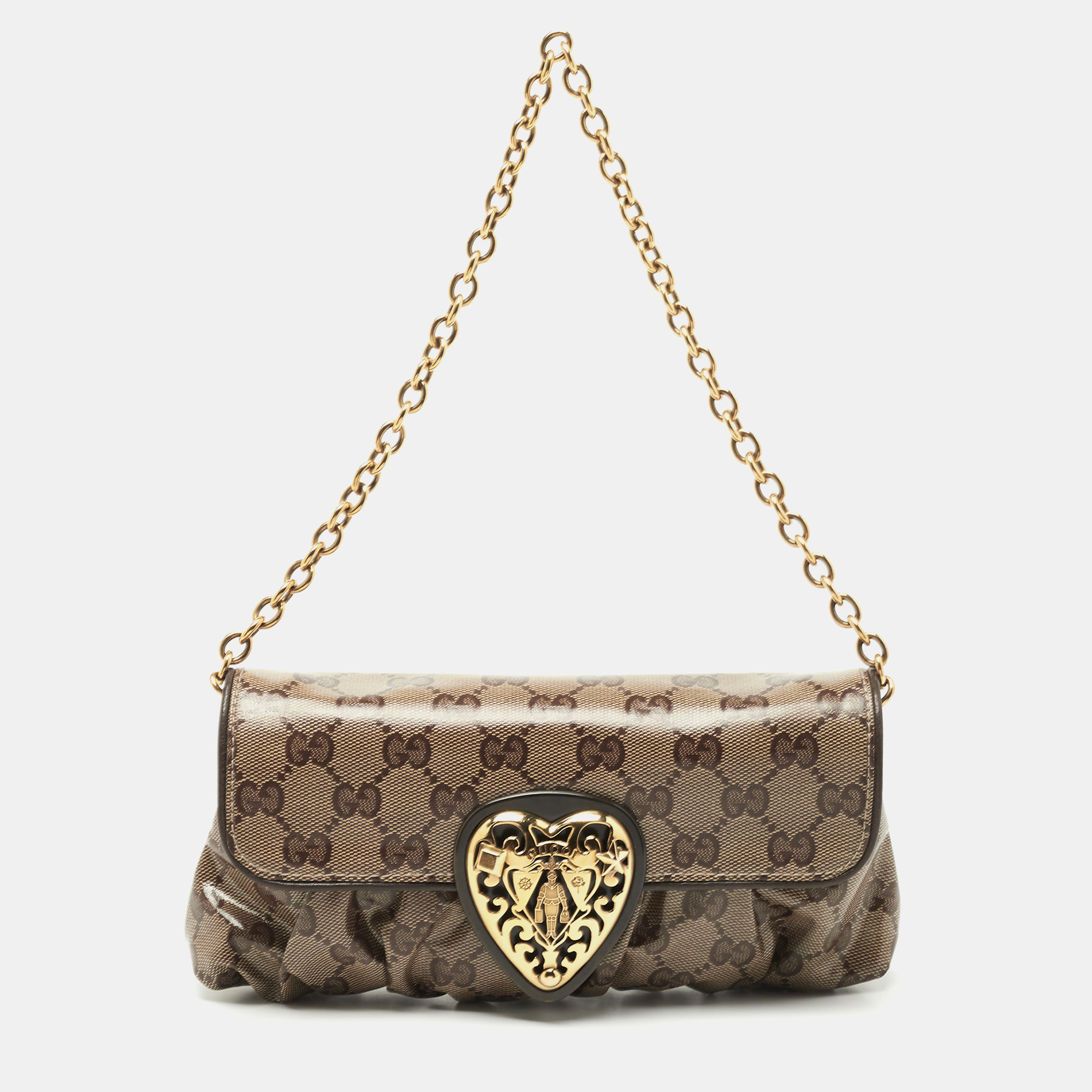 Pre-owned Gucci Beige Gg Crystal Canvas Babouska Heart Chain Clutch In Brown
