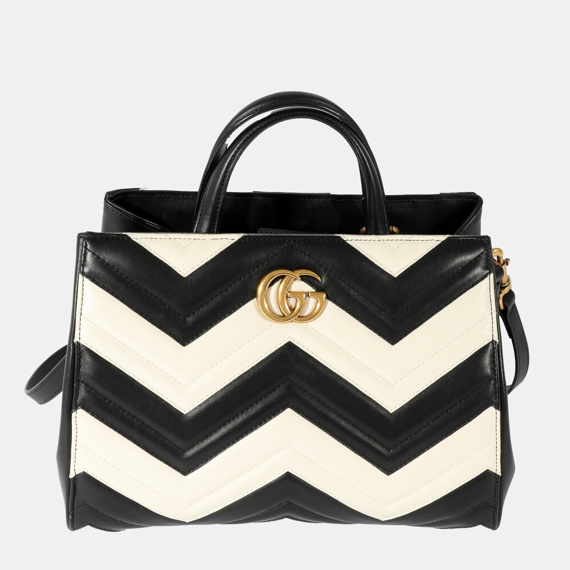 Pre-owned Gucci White Black Gg Marmont Top Handle Tote Bag