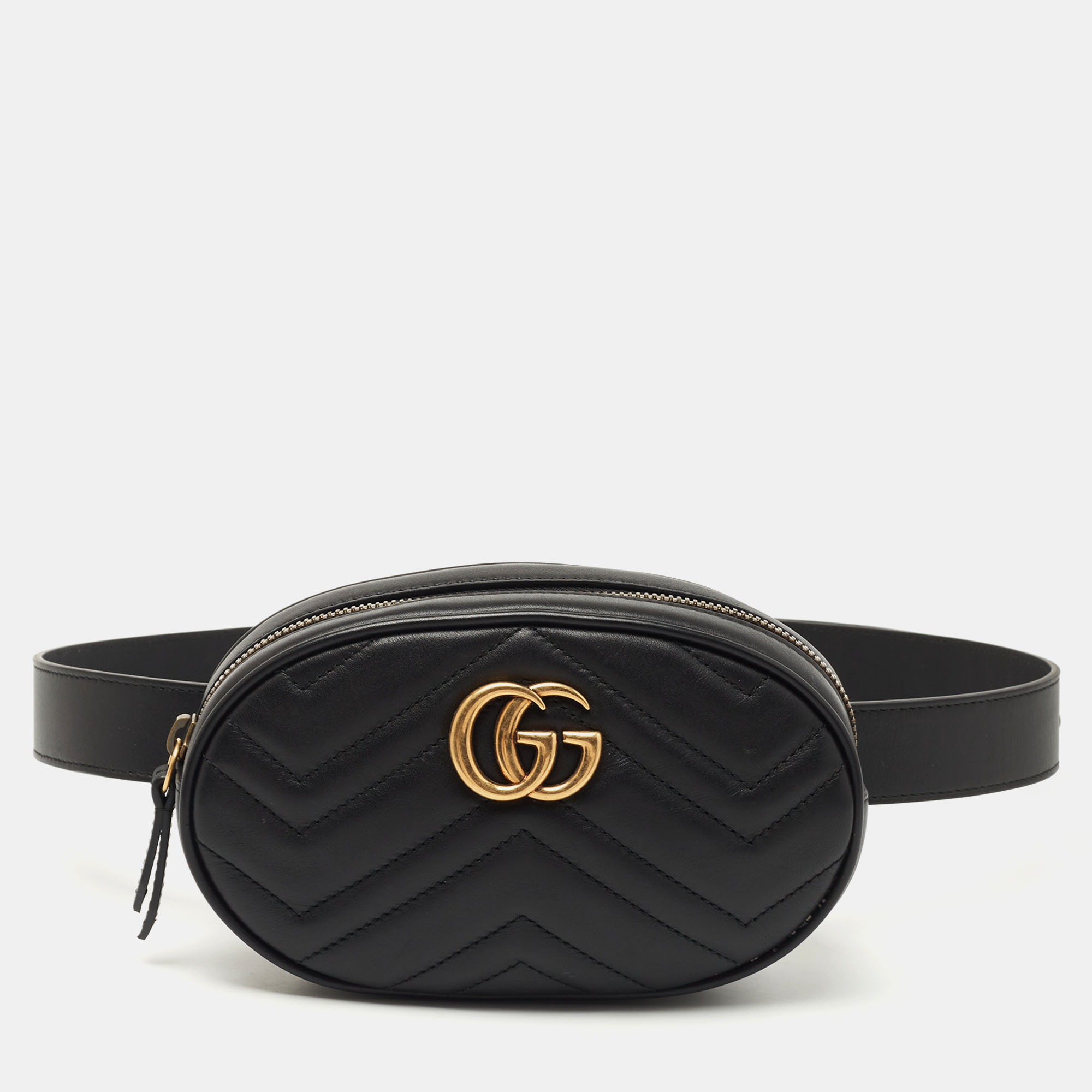 Pre-owned Gucci Black Matelassé Leather Gg Marmont Belt Bag